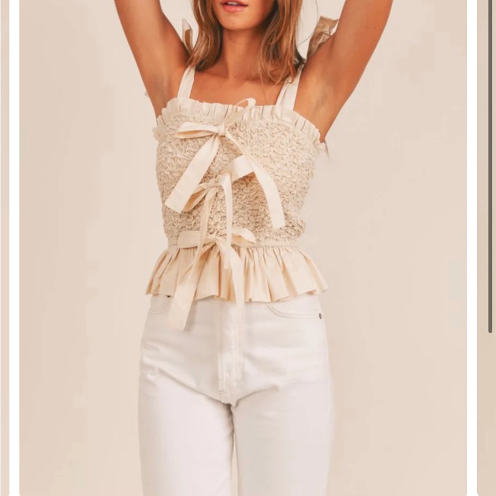Boutique Smocked Ruffle Tank Top with Bow Tie - Cream